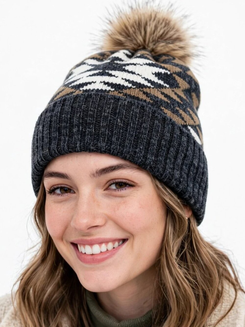 NWT L.I.B. New York Women’s Beanie Hat Aztec Geo Knit Faux Fur Pom Pom Cuffed